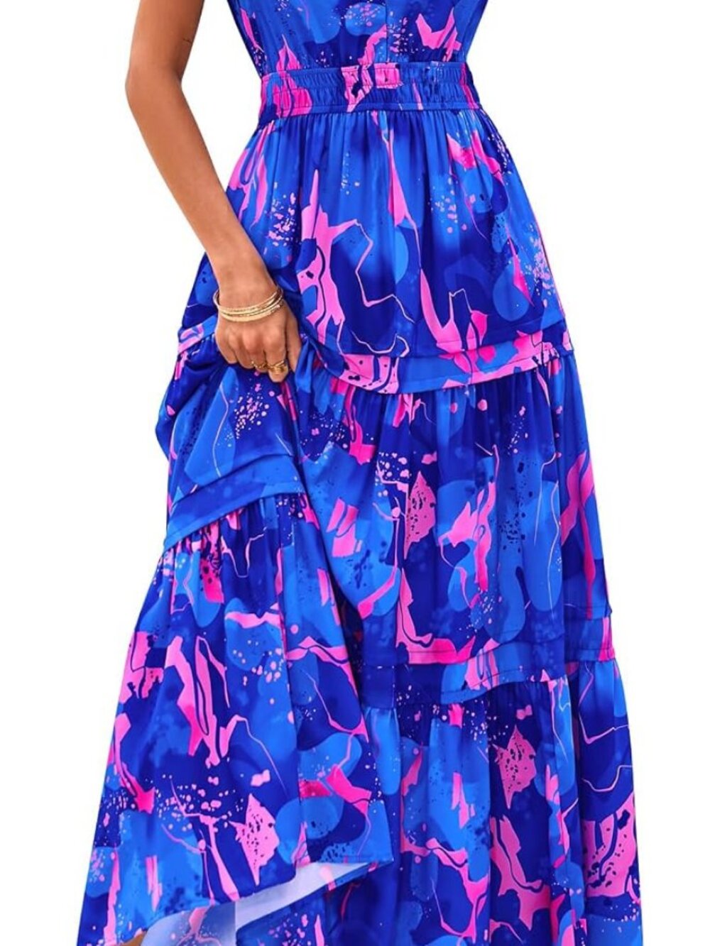 PRETTYGARDEN Royal Blue Floral Tiered Maxi Dress L #9